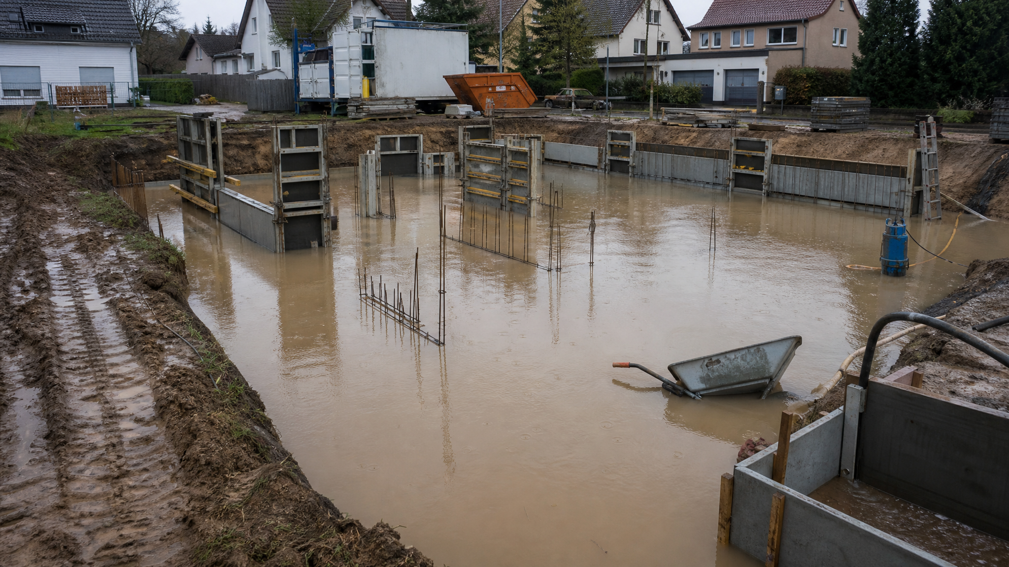 Nach starkem Regen steht Wasser in der Baugrube eines Wohnhauses, Schalungsteile und Bewehrungsstahl ragen aus dem überfluteten Bereich