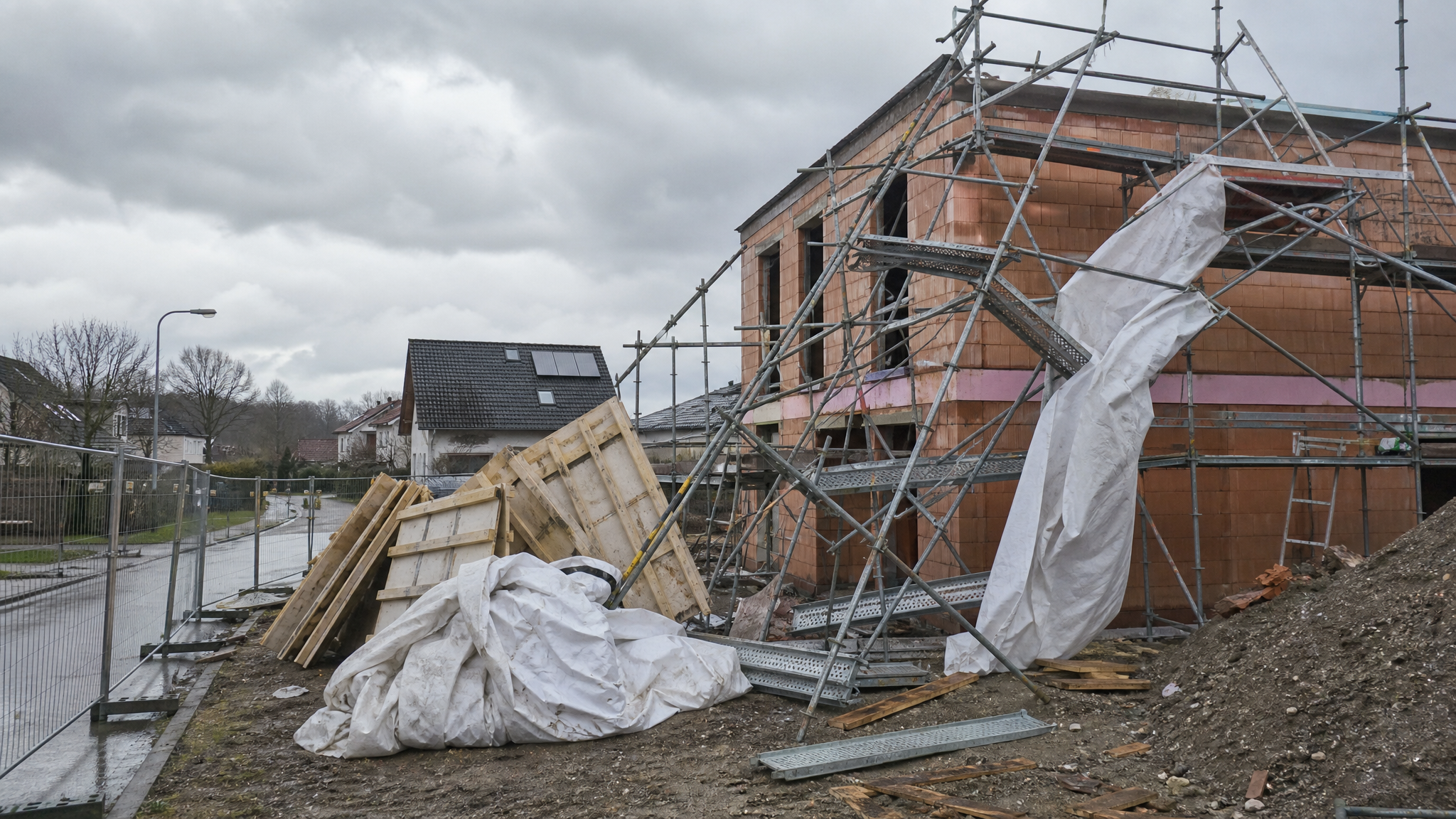 Sturm hat Teile eines Baugerüsts an einem Rohbau verschoben, Schalungstafeln und Planen liegen umgeworfen auf der Baustelle