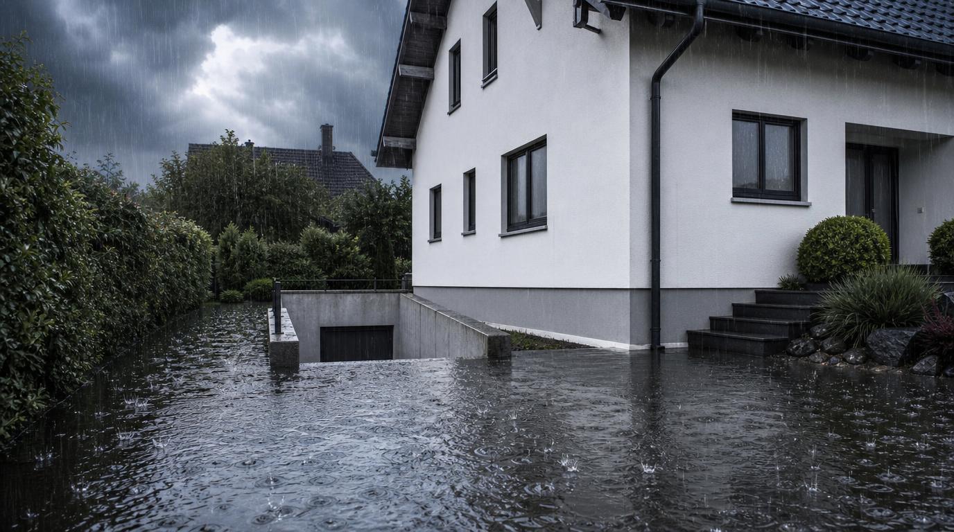 Einfamilienhaus bei Starkregen mit überschwemmter Einfahrt und ansteigendem Wasser am Kellerzugang