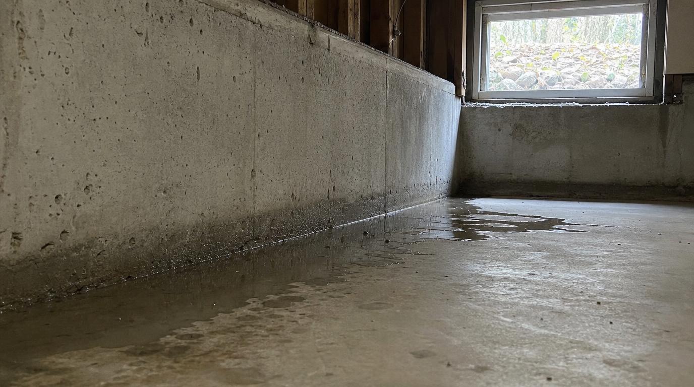 Feuchter Kellerboden, an dem Grundwasser durch die Bodenplatte drückt, während es draußen keine Überschwemmung gibt