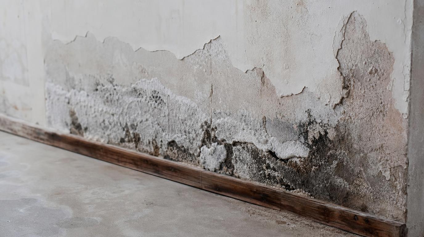 Feuchte Kellerwand mit abblätterndem Putz und Salzausblühungen als Zeichen eines Bau- und Abdichtungsmangels