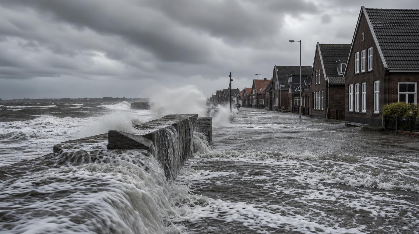 Sturmflut an einer Nordseeküste, Meerwasser läuft über die Uferpromenade und dringt in die Erdgeschosse der Häuser