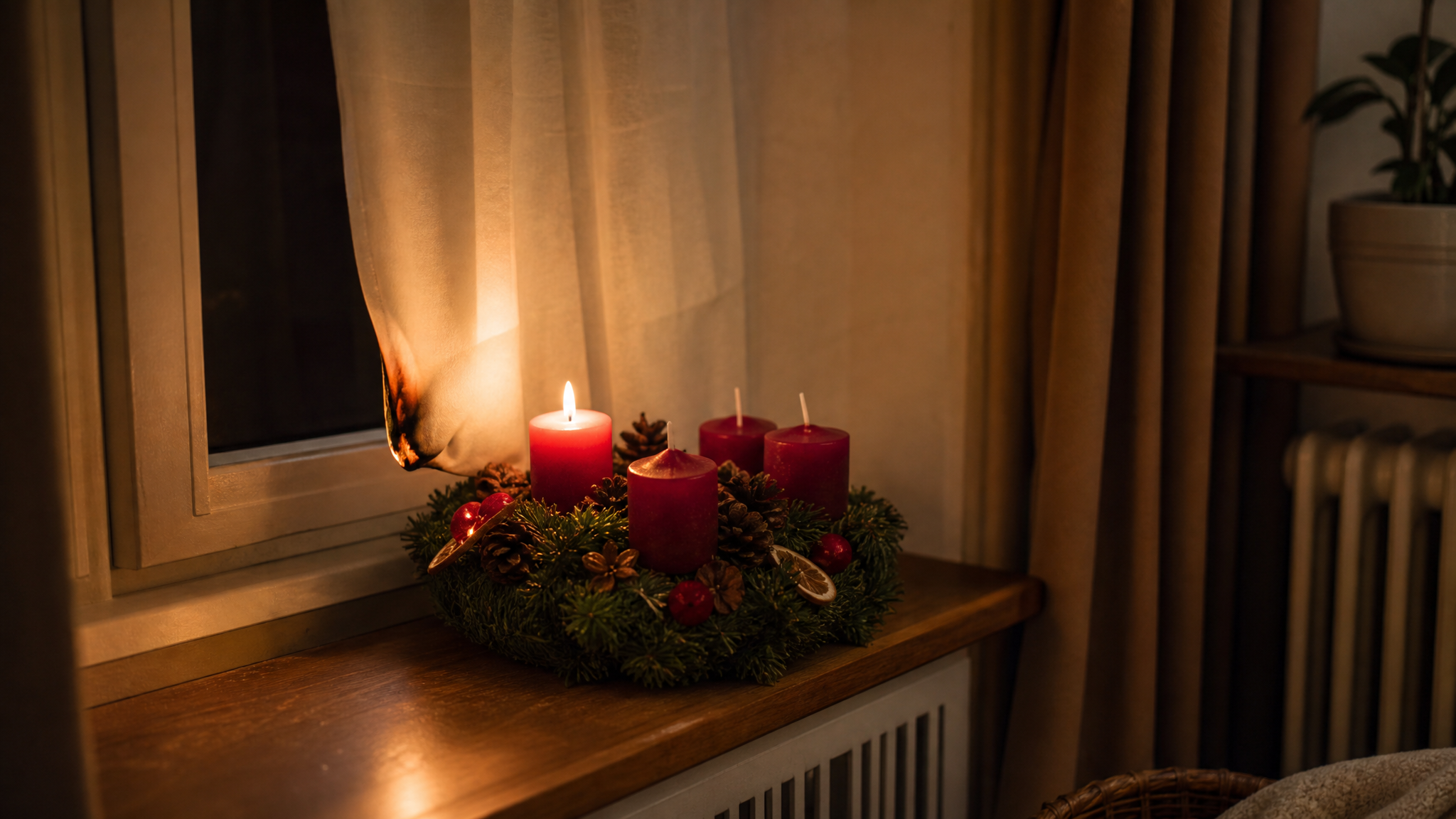 Brennende Kerze auf einem Adventskranz steht unbeaufsichtigt nah an einem Vorhang auf der Fensterbank