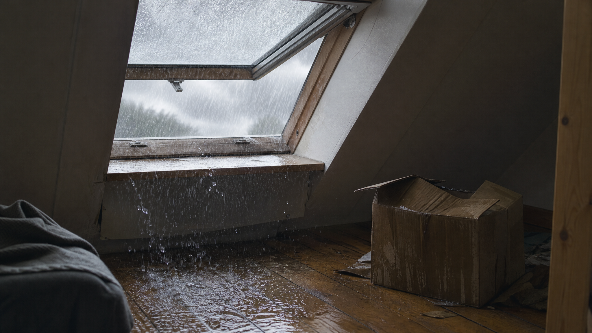 Offenes Dachfenster im Dachgeschoss während eines Sturms, Regen weht herein und durchnässt Boden und Kartons im Raum