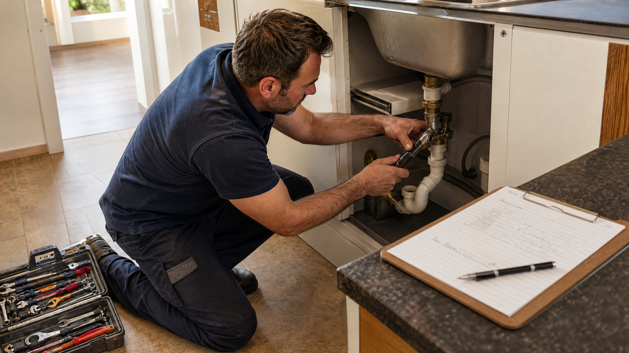 Handwerker repariert eine Installation im selbst bewohnten Haus; die Arbeitskosten sind nach § 35a EStG begünstigt
