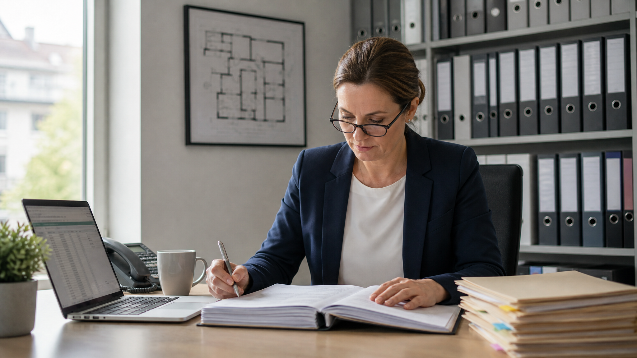 Hausverwalterin sitzt am Schreibtisch im Büro und prüft Unterlagen zur Gebäudeversicherung einer Eigentümergemeinschaft