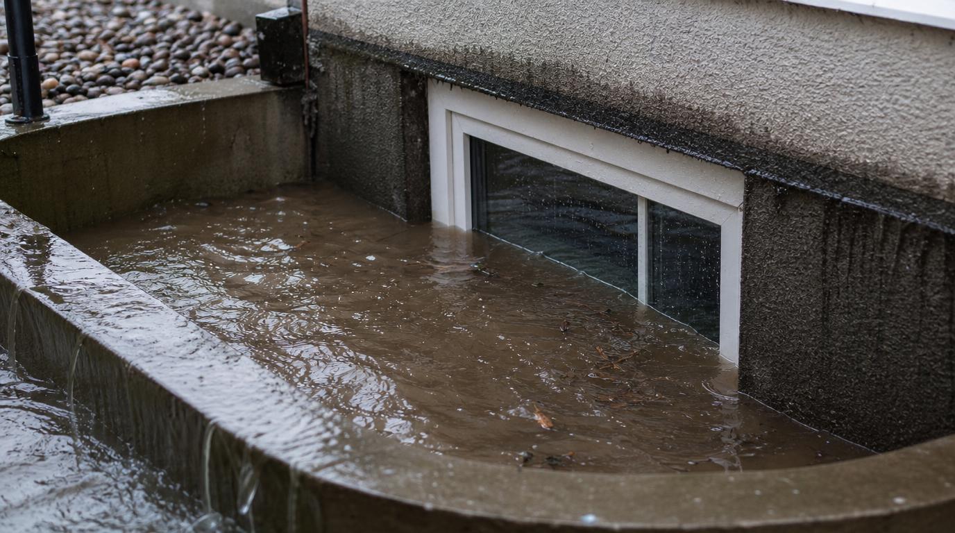 Wasser dringt bei Hochwasser durch einen Kellerlichtschacht in ein Wohnhaus ein und läuft am Kellerfenster hinein