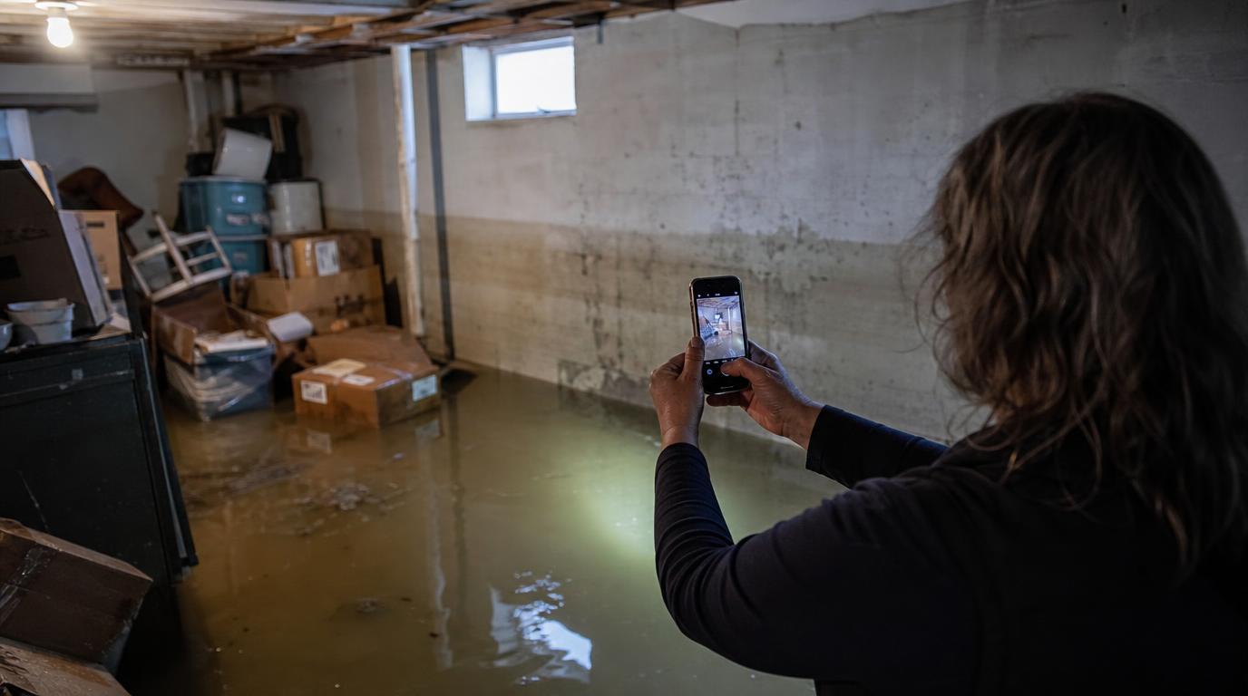 Hausbesitzer dokumentiert einen Hochwasserschaden im überfluteten Keller mit dem Smartphone für die Versicherung