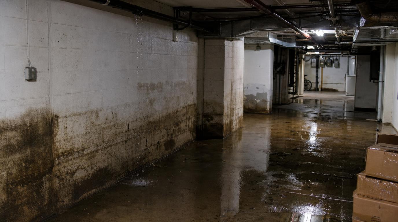 Wasserschaden im Keller eines Mehrfamilienhauses nach einem Rohrbruch mit nassen Wänden und Wasserspuren