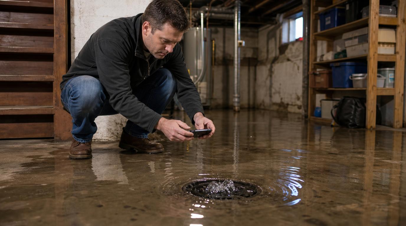 Hausbesitzer dokumentiert mit dem Smartphone Wasser, das aus einem Bodenablauf im Keller zurückdrückt