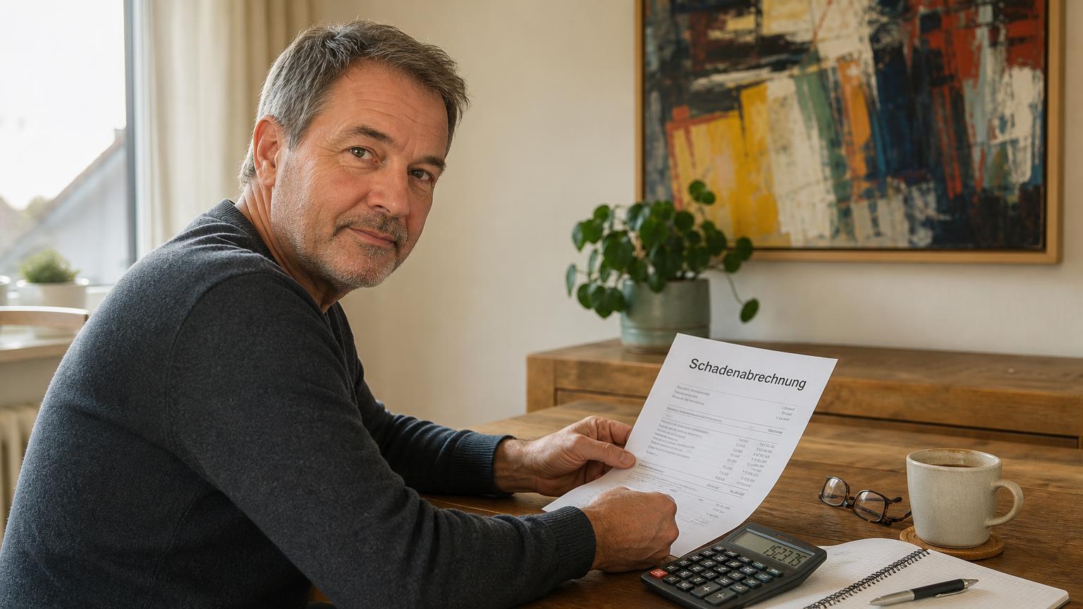 Hausbesitzer prüft am Schreibtisch die Schadenabrechnung seiner Gebäudeversicherung und berechnet den Selbstbehalt