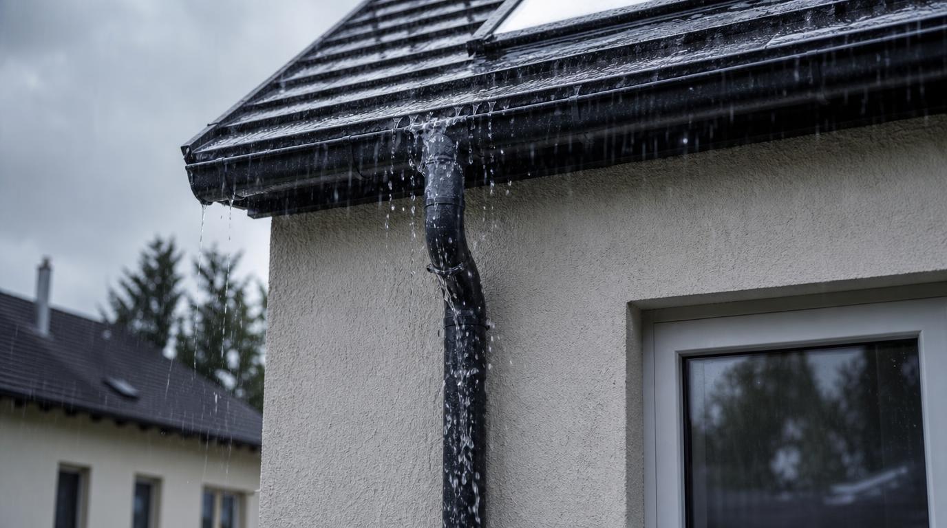 Bei Starkregen läuft Wasser über eine überlastete Dachrinne und ein Fallrohr an der Hausfassade herab