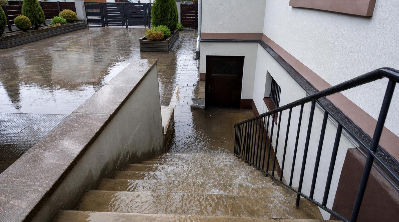 Regenwasser staut sich nach Starkregen im Hof und läuft eine Außentreppe zum Kellereingang eines Wohnhauses hinab