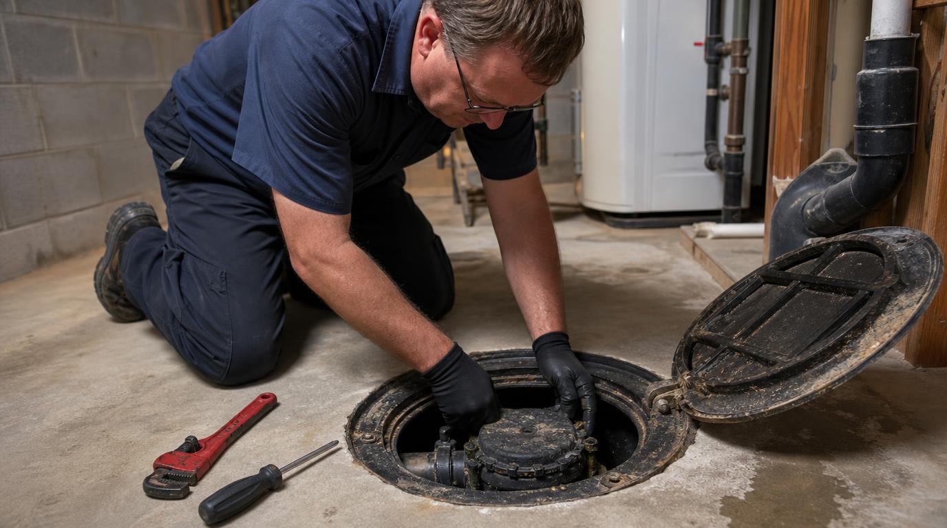 Handwerker prüft eine im Kellerboden eingebaute Rückstausicherung als Schutz vor Rückstau bei Starkregen
