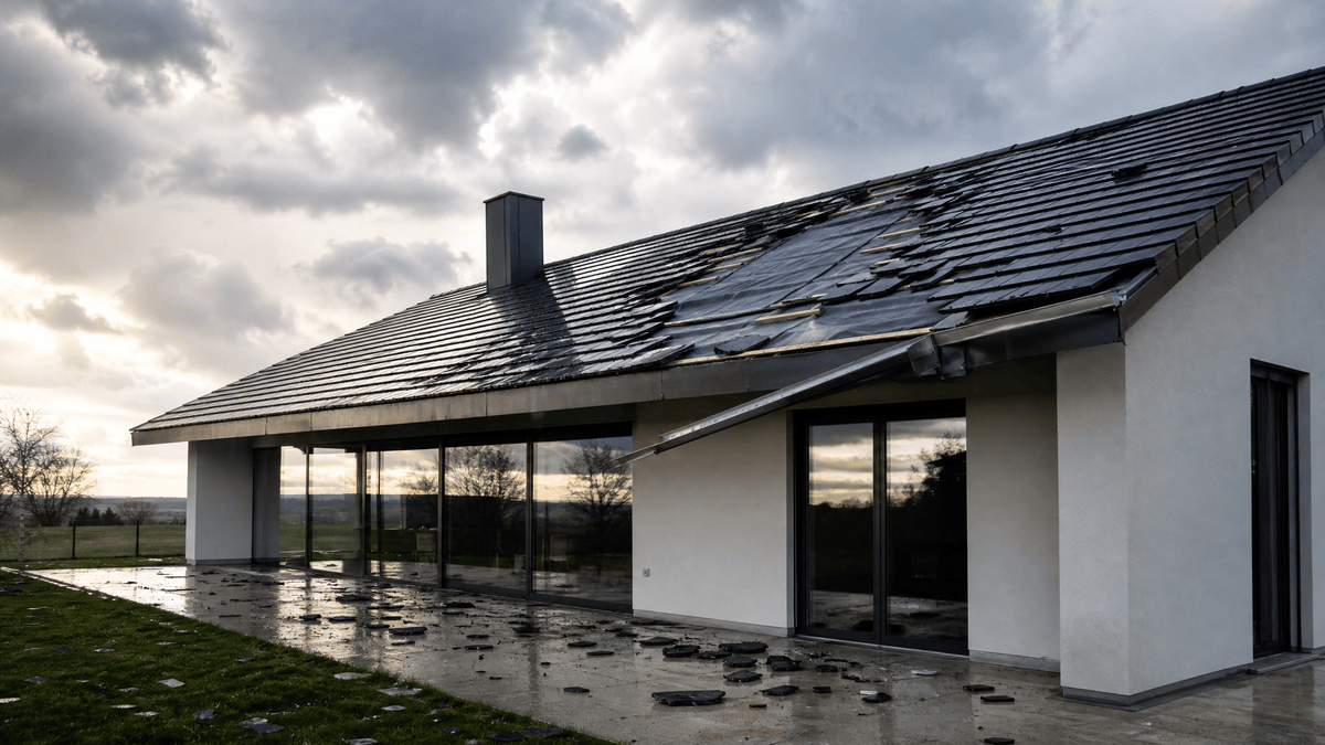 Dach eines weißen Neubaus, aus dem der Sturm ein ganzes Feld anthrazitfarbener Ziegel gerissen hat