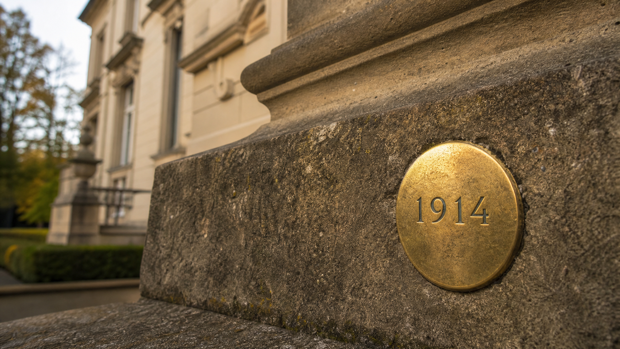 Eine messingfarbene Vermessungsmarke mit der eingravierten Jahreszahl 1914 im Natursteinsockel eines Wohngebäudes – Sinnbild für den festen Bezugspunkt des Wert 1914