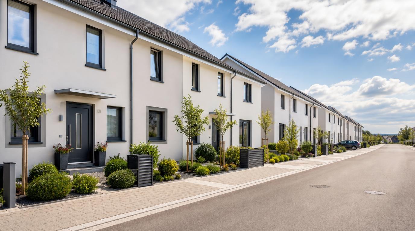 Neu gebaute Wohnsiedlung mit Reihenhäusern, künftig soll Elementarschutz zum Regelfall der Wohngebäudeversicherung werden